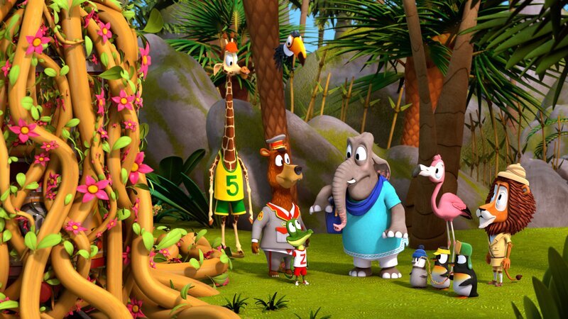 Die Tiere bestaunen die Schlingpflanze, die nach Frau Emiliy (Elefant), benannt wurde. – Bild: ZDF/​Grid Animation