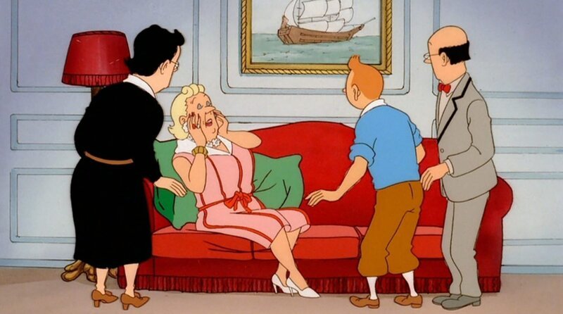 Bianca Castafiore (2.v.l.) hält die Schlossbewohner weiterhin mit ihrer einnehmenden Art auf Trab, während ein kostbarer Smaragd aus ihrem Zimmer gestohlen wird. Die Detektive Schulz und Schultze beginnen mit ihren Ermittlungen und verhören alle im Schloss, während Tim (2.v.r.) eine ganz andere Vermutung hat. Wer ist der Dieb? Die Spannung steigt im Schloss. – Bild: ZDF und Ellipsanime/​France 3/​M6/​Nelvana und Hergé – Moulinsar