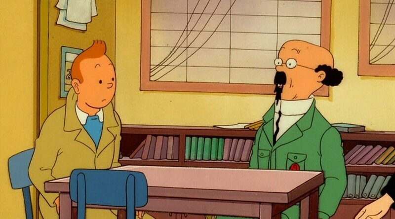 Nach einer Einladung von Professor Bienlein (r.) reisen Tim (l.), Struppi und Kapitän Haddock nach Syldavien, um an einer Mondmission teilzunehmen. Die Rakete wird zunächst ohne Besatzung gestartet, gerät jedoch außer Kontrolle und wird zerstört. – Bild: Ellipsanime/​France 3/​M6/​Nelvana