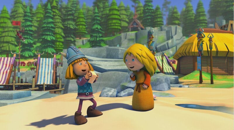 Wickie (l.) und Ylvi (r.) wollen Snorre einseifen. – Bild: ZDF/​studio 100media