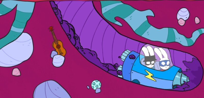 Um nicht von Professor Wolfs Blitzen getroffen zu werden, graben sich Superhase (r.) und Captain Hase (l.) mit ihrem Raumschiff durchs Erdreich. – Bild: ZDF und GO-N Productions