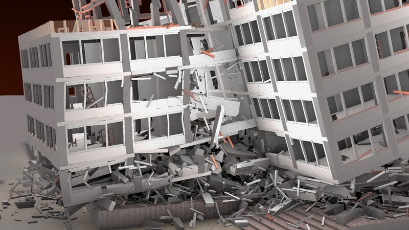 Dies ist eine visuelle Simulation eines Gebäudes, das während eines Erdbebens einstürzt.  – Bild: CuriosityStream-Inc