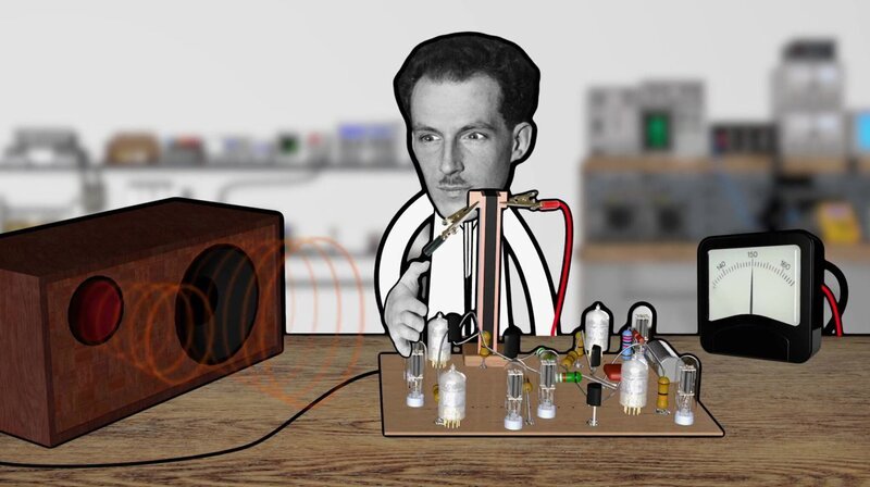 Das Bild zeigt eine Comic-Illustration mit Elementen aus dem realen Leben: Ein Mann, höchstwahrscheinlich ein Ingenieur oder Erfinder, steht neben einer Vakuumröhrenschaltung, die mit einem Lautsprecher und einem Voltmeter verbunden ist. – Bild: CuriosityStream-Inc.