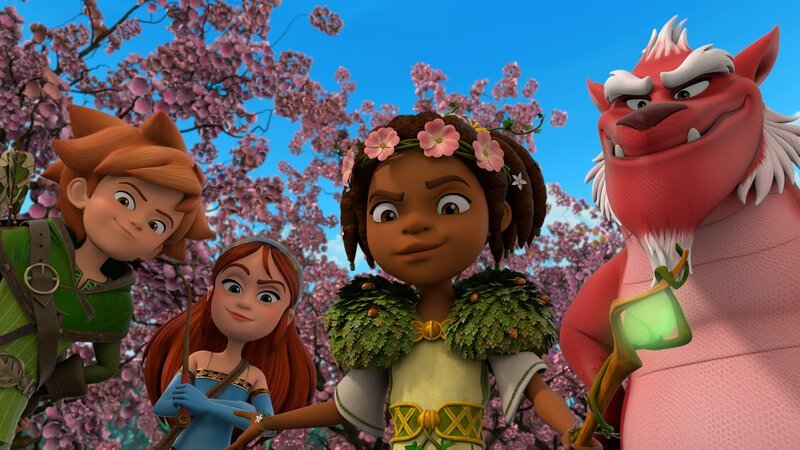 Robin (l.), Marian (2.v.l.), Katell (2.v.r.) und Drache Derke (r.) halten zusammen und wollen so Hexe Morgan besiegen. – Bild: Method Animation – ZDF /​ ZDF Studios