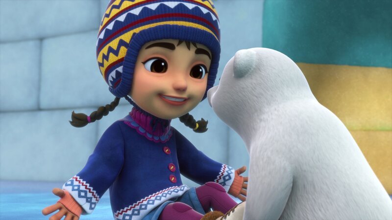 Nanu? Da hat sich ein kleiner Eisbär auf den Iglu-Spielplatz von Akaja (li.) geschlichen. – Bild: FUNNYFLUX /​ ALPHA