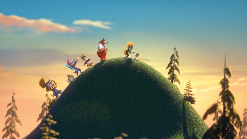 Die Gruppe tanzt über einen Berg. – Bild: KiKA/​Animaccord LTD