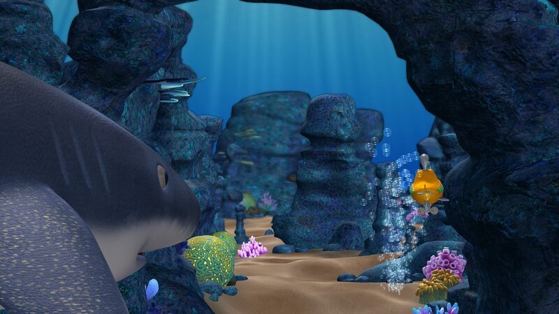 Leider will ein alter Hai, der im Lava Park lebt, nicht zulassen, dass Timmy und Bess das Schneckenhaus nehmen. – Bild: KI.KA/​Mike Young Productions