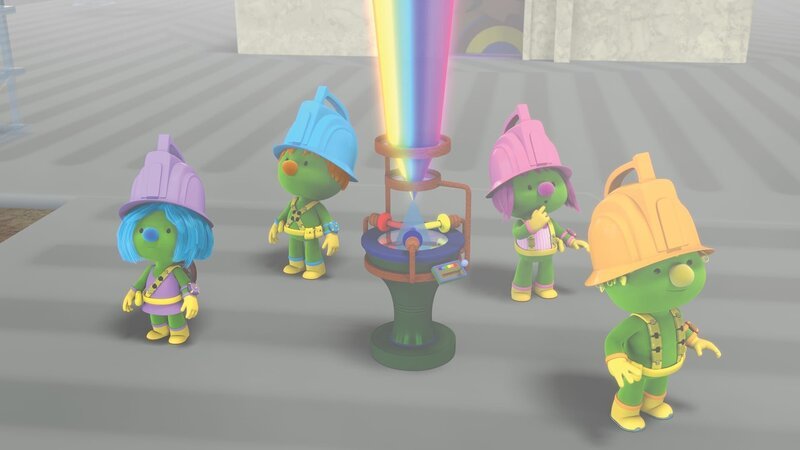Die Tüftler fragen sich, ob Professor Gimbal den Regenbogenwegweiser im Nebel erkennt. – Bild: KiKA/​The Jim Henson Company/​DHX Media