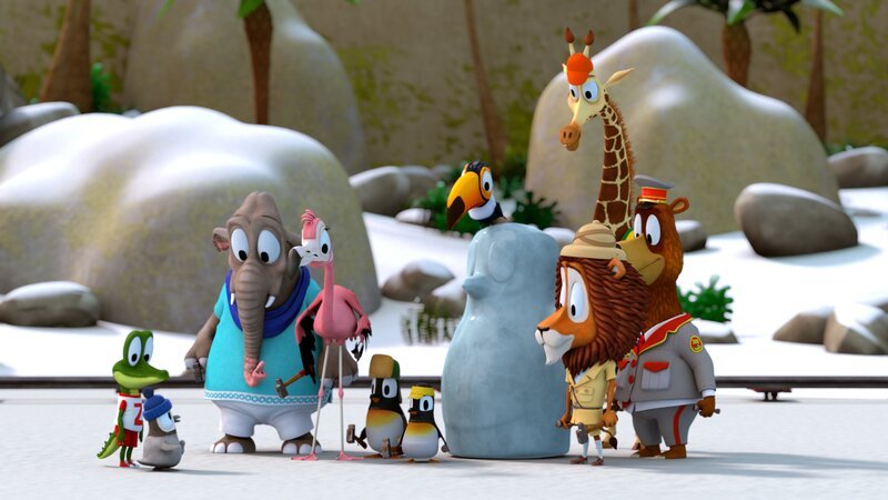 Alle haben dem kleinen Pinguin Kurti (vorne li.) geholfen, einen neuen Eispinguin zu formen. – Bild: ZDF/​Grid Animation