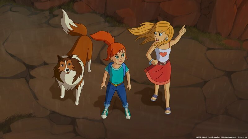 Pam (re.), Zoe und Lassie beobachten, wie sich ein heftiger Tornado zusammenbraut. – Bild: ZDF/​Classic Media/​DC Entertainment/​Superprod