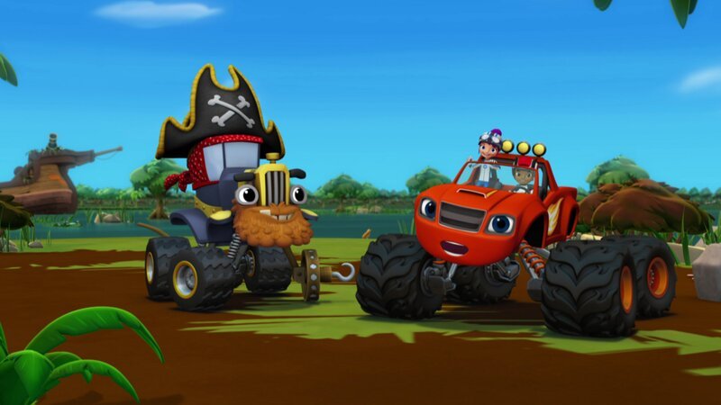 Links: Pegwheel. Rechts: Blaze (unten), Gabby und AJ (oben, l-r). – Bild: Paramount