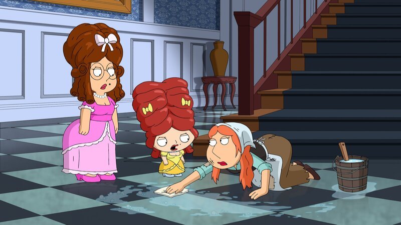 In Peters Märchen über Aschenputtel, kommen natürlich auch Megan (l.), Stewie (M.) und Lois (r.) vor. – Bild: MEI2 /​ RTI S.p.A. Interactive Media /​ Mediamond S.p.a. /​ RTI spa /​ Gruppo Mediaset