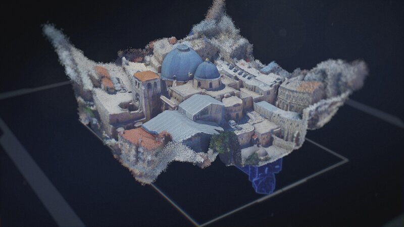 Am 3-Modell lassen sich An- und Umbauten an der Grabeskirche genauer untersuchen. – Bild: Pernel Media /​ ZDF