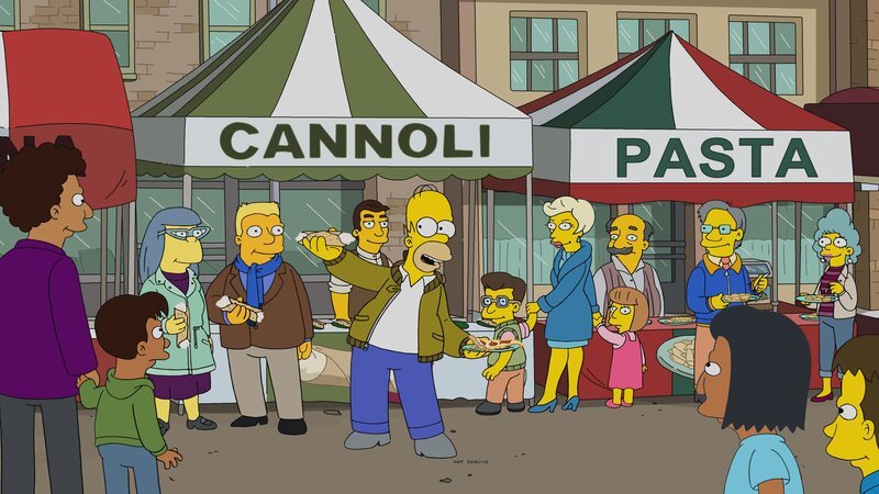 „Die Simpsons“, „San Castellaneta.“ Während eines Straßenfestes zu Ehren der italienischen Kultur ereignen sich mehrere Diebstähle. Homer soll mithelfen, die Übeltäter zu schnappen. Sein Hintern ist der größte in der Stadt und bietet somit den idealen Köder für Taschendiebe, die es auf Geldbörsen in Gesäßtaschen abgesehen haben. Kurzerhand wird Homers Brieftasche mit einem Peilsender versehen. Das ausgeklügelte Manöver läuft jedoch rasch aus dem Ruder. – Bild: Twentieth Century Fox Film Corporation