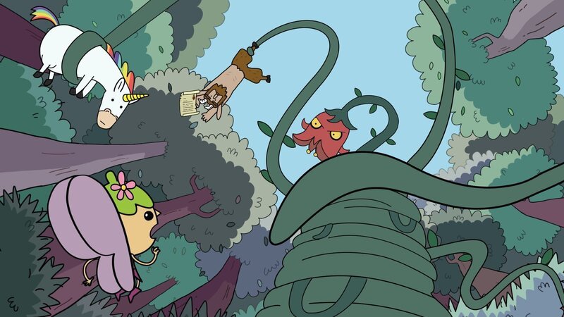 Die vier Helden gehen ohne Herbert auf Mission. Sie sollen sich um eine Rankenpflanze (r.), die im Wald ihr Unwesen treibt, kümmern. Schnell hat sie Blümchen (r.), Twinkle (2.v.r.) und Hufius (3.v.r.) eingewickelt. – Bild: ZDF und Tiger Aspect Kids & Family Limited, Movimenti Produc