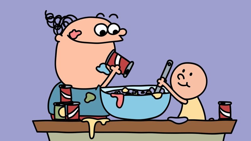 Trafalgar und Pulver kochen eine Süßigkeiten-Suppe für den Wissenschaftstag. – Bild: NDR/​DR & Nice Ninja & Lowe Haak