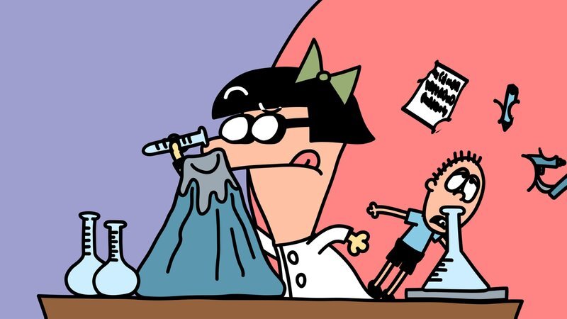 Lizzie versucht sich auf ihr Experiment zu konzentrieren, während die anderen an dem großen Süßigkeiten-Suppen-Kaugummi kleben bleiben. – Bild: NDR/​ DR & Nice Ninja & Lowe Haak