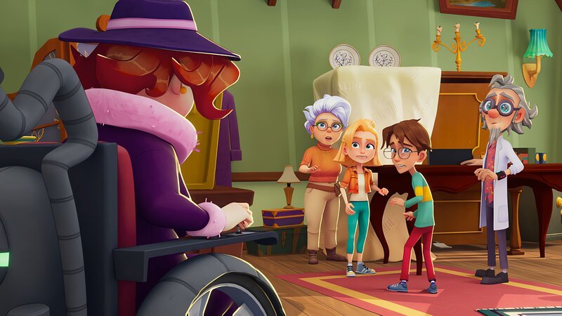 Oma Clara, Sophie, Leo und Enzo Carrera stehen Dr. Speck gegenüber. Sie hat eine letzte Rechnung mit ihnen offen. – Bild: KiKA/​MACK Magic/​Der Kinderkanal von ARD und ZDF