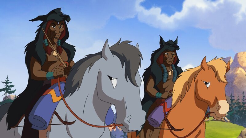 Zwei Indianer eines anderen Stammes, die ihre Pferde schlecht behandeln, wollen Pumas jagen. Yakari ist empört und will den Pferden und den Pumas helfen. – Bild: WDR/​Storimages