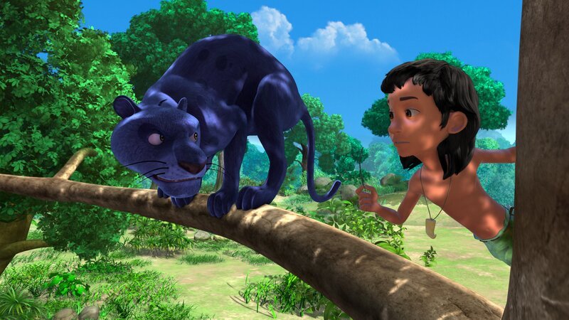 Mogli hat Baghira ein Schnurrhaar ausgerissen. Er übt, denn später will er Shir Khan ein Schnurrhaar ausreißen, um zu beweisen, dass er mutig ist und seine Pflicht aus dem Spiel „Wahrheit oder Pflicht“ erfüllt. – Bild: ZDF/​DQ Entertainment