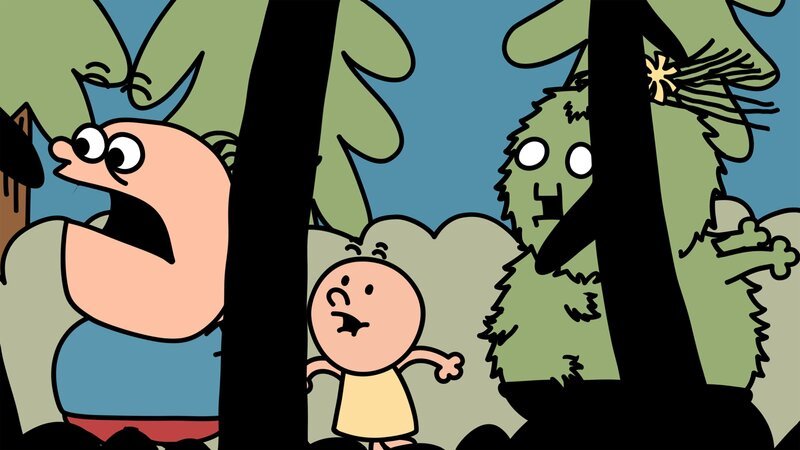 Trafalgar und Pulver rennen vor Cousin Walter davon, der wie ein Außerirdischer aussieht. – Bild: NDR/​DR & Nice Ninja & Lowe Haak