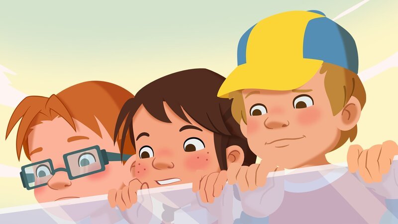 Vincent, Tara und Petja glauben, den Dieb entdeckt zu haben. – Bild: ZDF/​WunderWerk GmbH