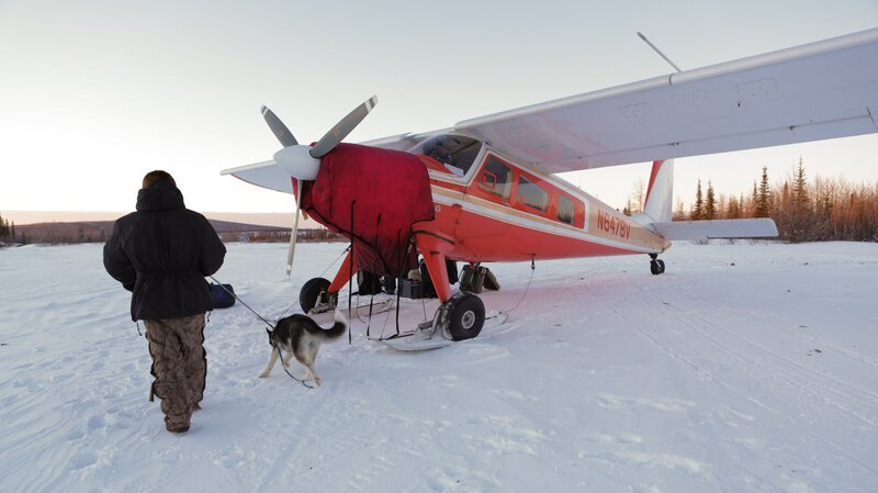 Bob with Ruggar on a leash next to an airplane. – Bild: Discovery Communications