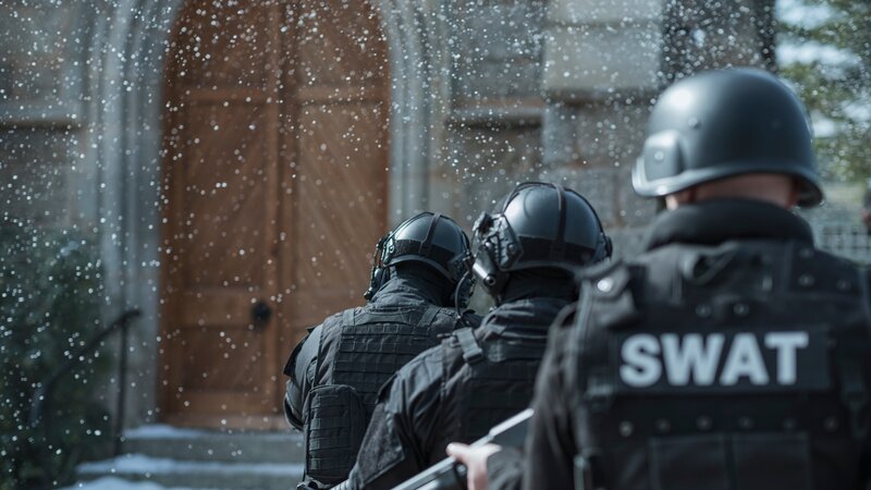 Drama: SWAT team storms the cathedral, all in a row in foreground – Bild: Discovery Communications, LLC /​ Raquel Fernandes