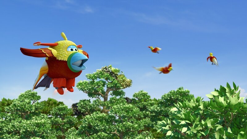 Jett ist als Paradiesvogel verkleidet, um ein gutes Foto zu bekommen. – Bild: KiKA/​FunnyFlux/​QianQi/​EBS/​CJ E&M