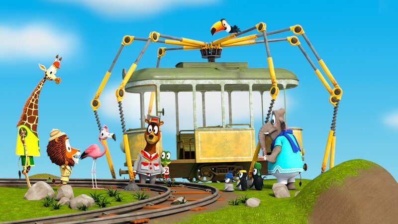 Die Zoobande ist froh, dass die Bahn doch noch geborgen werden konnte. – Bild: ZDF/​Gaumont Animation/​PP Animation III Inc.