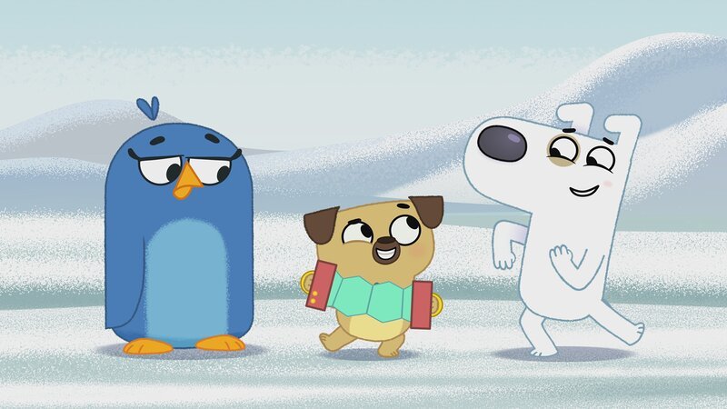 Vielleicht können Dog und Puck der Pinguindame mit einem kleinen Ständchen einheizen? – Bild: KiKA/​Dog Loves Productions Limited 2020