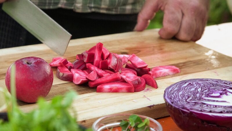 Zu Tisch Devon – Grossbritanien Der durchgehend rote Pendragon Apfel ist vielseitig verwendbar – Bild: SRF/​Reiner Bauer