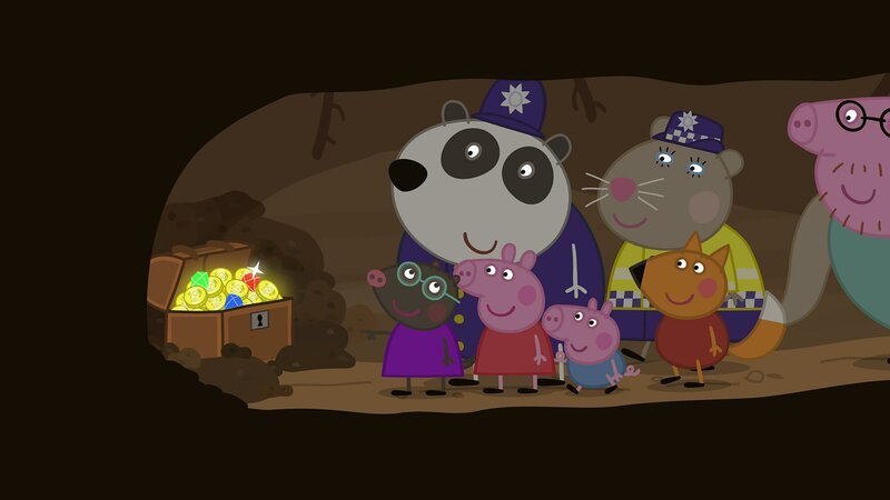 L-R: Molly Mole, Police Officer Panda, Peppa Pig, George Pig, Police Officer Squirrel, Freddy Fox, Daddy Pig – Bild: Nickelodéon Junior