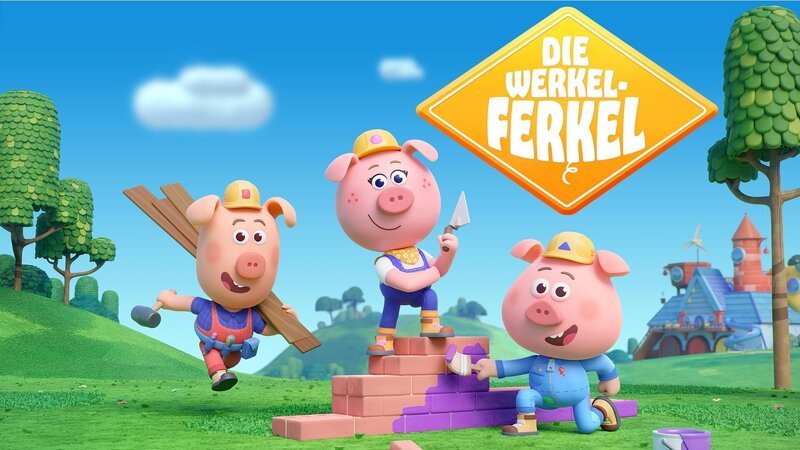 Die Werkel-Ferkel sind das Schweinchen-Handwerker-Trio Cornelia (Mitte), Charlie (rechts) und Cesar (links). Sie werden gerufen, wenn immer jemand in ihrem Wald etwas zu bauen hat. – Bild: ZDF/​XILAM ANIMATION/​CUBE CREATIVE PRODUCTIONS/​HORTA PRODUCTIONS