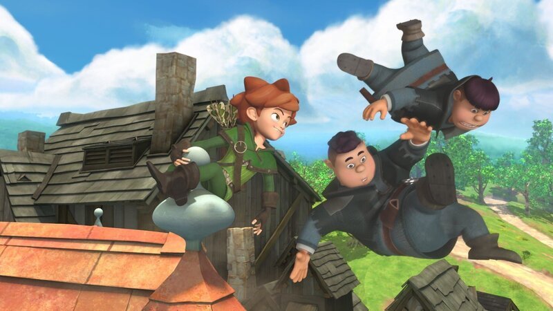 Rolf und Ralf, die Söhne des Sheriffs, fliegen beim Versuch Robin zu fangen durch die Luft. – Bild: ZDF/​Method Animation/​DQ Entertainment/​Fabrique d’images/​ZDF Enterprises/​De Agostini