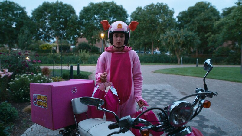 Kees (Ole Kroes) als Lieferant von Jippies Rieppies im rosa Schweinchenkostüm. – Bild: NDR/​NL Film