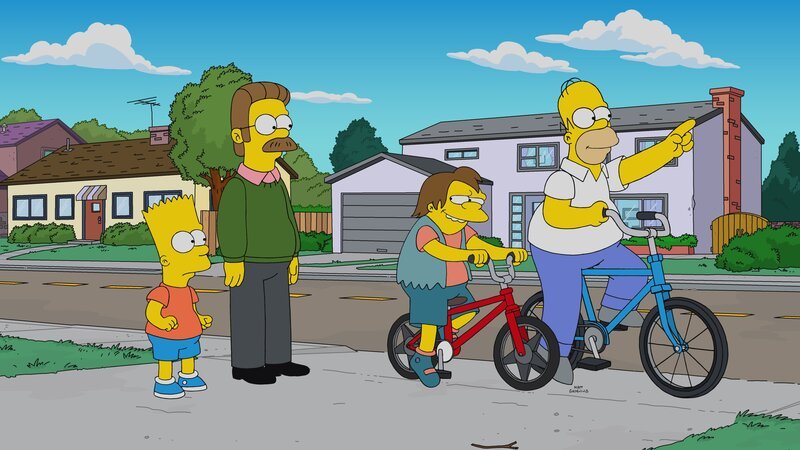 „Die Simpsons“, „Die Bart Verschwörung.“ Bart leiht sich von seinem Großvater eine Handgranatenattrappe, um seinen Mitschülern und Direktor Skinner damit zu erschrecken. Der Streich hat üble Konsequenzen. Bart soll von der Schule fliegen. Doch Flanders setzt sich für ihn ein und verspricht, Bart zurück auf den rechten Weg zu führen. Als Homer sieht, wie erfolgreich die Erziehungsmethoden seines Nachbarn sind, packt ihn der Neid. Um Bart eifersüchtig zu machen, beschließt Homer kurzerhand, Nelson unter seine Fittiche zu nehmen. – Bild: Twentieth Century Fox Film Corporation