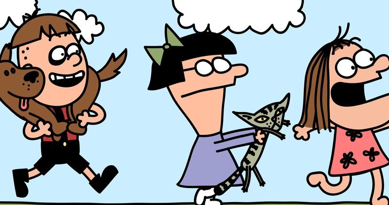 Lizzie, Eva und Max rennen mit ihren Haustieren zum Zoogeschäft, um mehr Spielzeug zu kaufen. – Bild: NDR/​DR & Nice Ninja & Lowe Haak