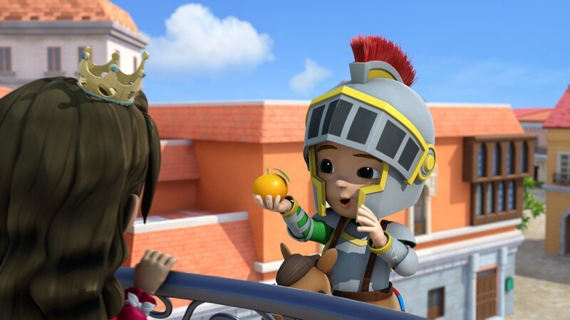 Ritter Carlos überreicht Prinzessin Isabel eine Orange. – Bild: KiKA/​FunnyFlux/​QianQi/​EBS/​CJ E&M