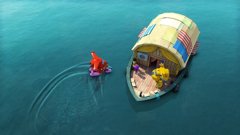 Mit dem Schwimmrad kommt Jett zum Hausboot von Rumas Mutter. – Bild: KiKA/​FunnyFlux/​QianQi/​EBS/​CJ E&M