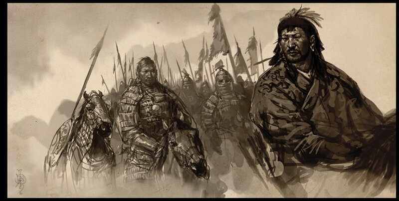 Konzeptkunst aus Ancient Aliens: Ursprünge – Außerweltliche Herrscher zeigt eine Armee gepanzerter Reiter mit Speeren und Fahnen, die durch ein staubiges Schlachtfeld vorrücken. – Bild: aetn /​ Ganbat Badamkhand