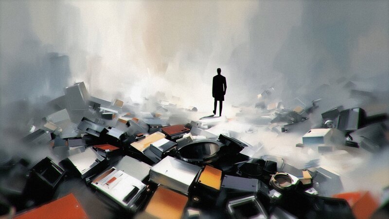 Ein Mensch, verloren in einer KI-Müll-Wüste – Bild: SRF/​Studio Fritz Gnad