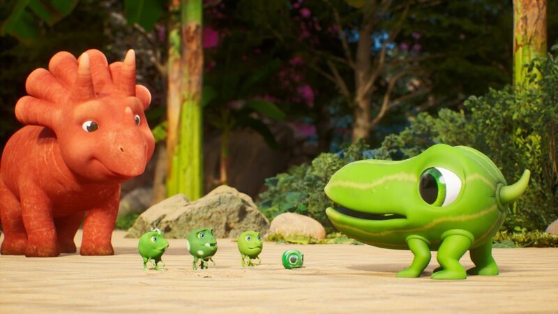 Die Vegesaurier sollten sich schnell einigen, wer mit der grünen Murmel spielen darf. – Bild: Cheeky Little Media /​ ZDF und Cheeky Little Media