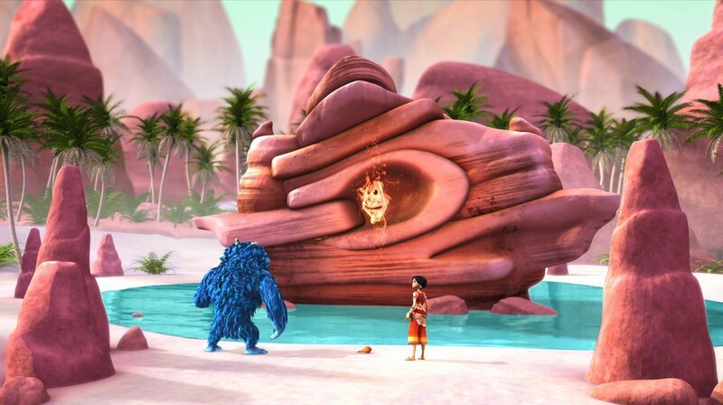 Sherazade und Karim lernen den Herrscher der Insel kennen – Dämon Akatash. – Bild: rbb/​Hahn Film AG /​ Chocolate Liberation Front /​ Toonz Entertainment /​ 1001 Nights Productions Pty Ltd