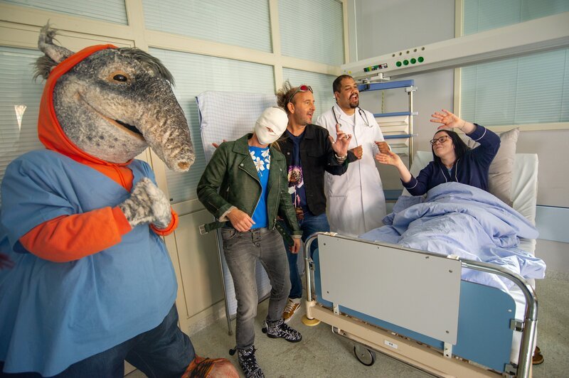TanzTapir, Singa mit Kopfverband und Tom sorgen für Stimmung im Krankenhaus. – Bild: KiKA/​MingaMedia/​Ron Bergmann