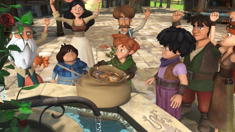 Operation Spuk war dank Robin und seinen Gefährten Tuck und Little John ein voller Erfolg. Das Trinkwasser ist wieder genießbar und auch die Münzen, die Prinz John den Dorfbewohnern abgenommen hat, sind wieder da. – Bild: ZDF/​Method Animation/​DQ Entertainment/​Fabrique d’images/​ZDF Enterprises/​De Agostini