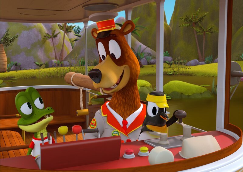 Die kleine Anni, das Pinguin-Mädchen, freut sich, dass sie endlich auch etwas Wichtiges tun darf. Vorher wurde sie nämlich immer weggeschickt, wenn sie helfen wollte, weil sie zu klein sei. Zacki, das Krokodil, und Balduin, der Bär, sind erstaunt wie gut, Anni die Bahn fahren kann. – Bild: ZDF/​Grid Animation, TELEGAEL