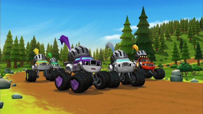 Yellow Knight (l.), Green Knight (2.v.l.), Purple Knight (3.v.l.), Blaze (2.v.r), AJ (r.) – Bild: Paramount