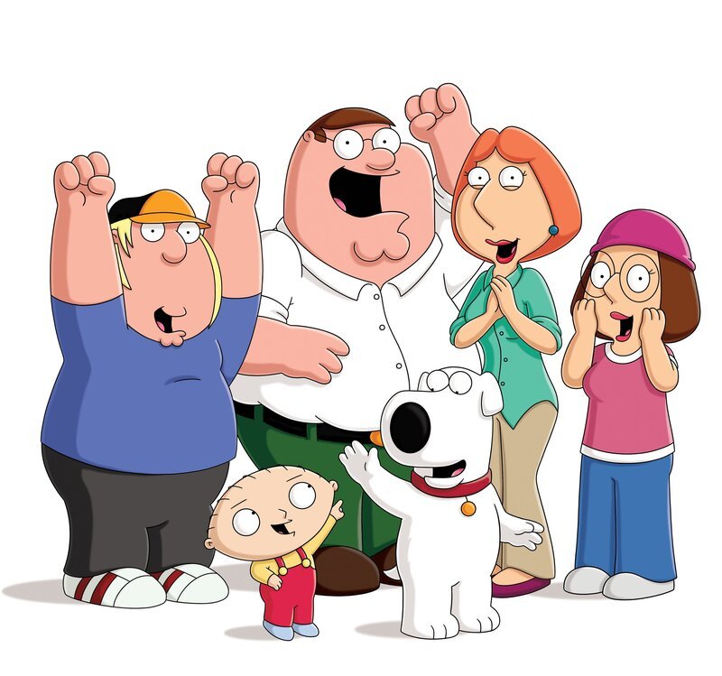 (14. Staffel) – Die Griffins: Chris (l.), Peter (2.v.l.), Lois (2.v.r.), Meg (r.), Brian (vorne r.) und Stewie (vorne l.). – Bild: Fox and its related entities