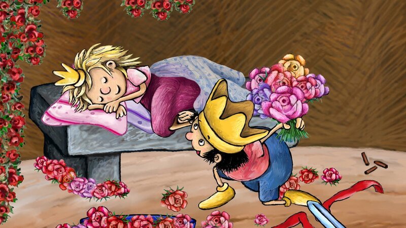 Der kleine König und seine Freunde spielen das Märchenlied vom Dornröschen nach. Leider weigert sich der kleine Retter, die Prinzessin wach zu küssen. – Bild: RBB/​Imediat GbR